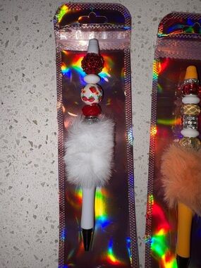 White Faux Fur Beaded Fashion Pen - Women Accessories